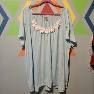 Just My Size Women's Blue Boatneck Shirt With Lace floral Embroidery Size 5X